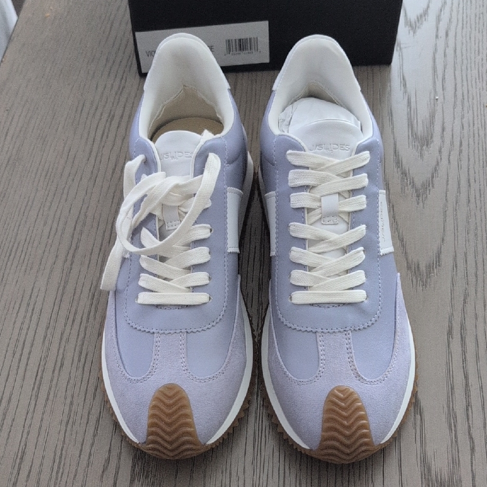 J Slides Lavender and White Sneakers